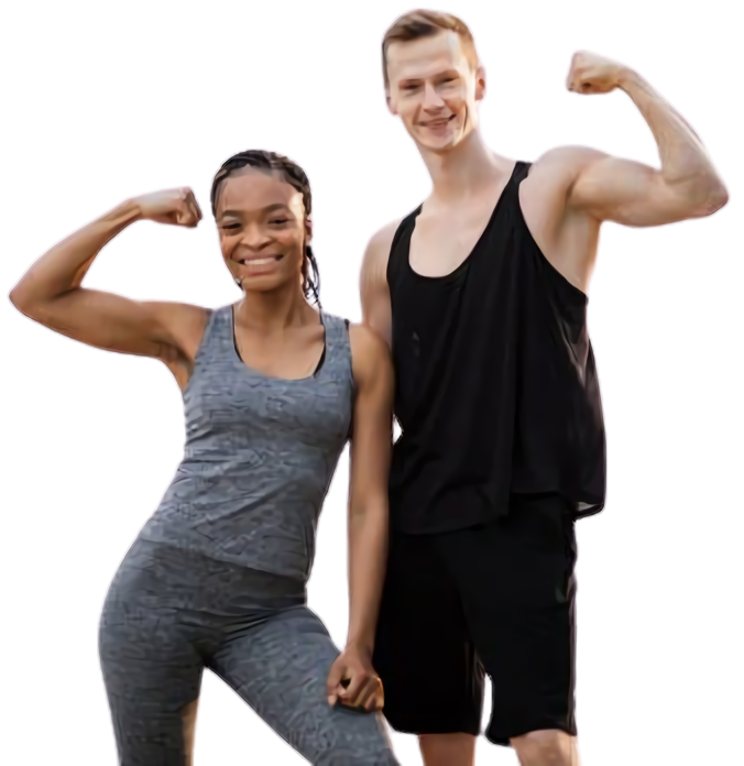 A man and woman posing with their arms raised.